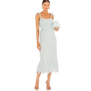 JONATHAN SIMKHAI Bonnie Lace Plisse Strapless Bustier Midi Dress in Tide